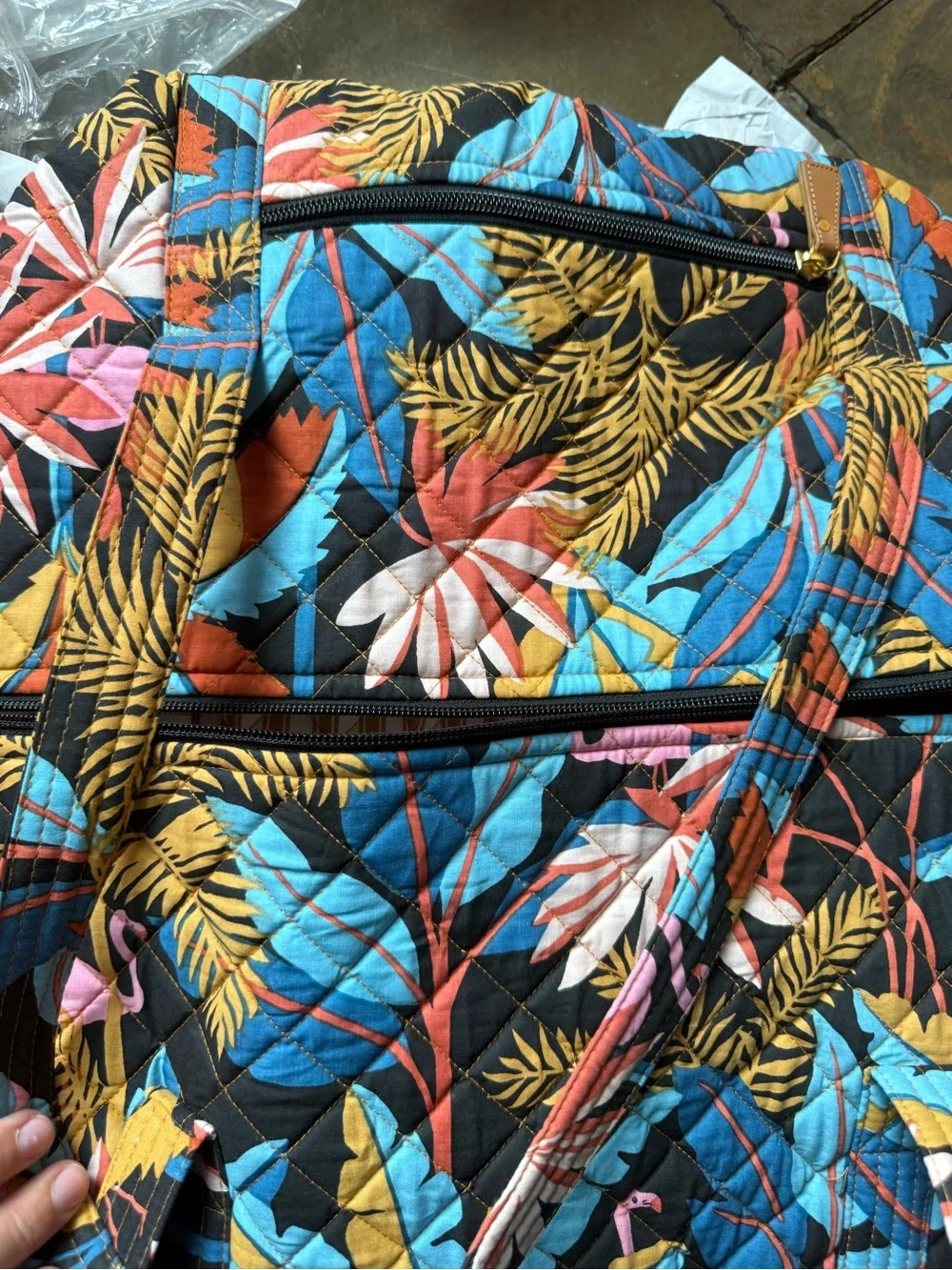 Quilted Tropical Print Tote Bag in Blue and Multicolor